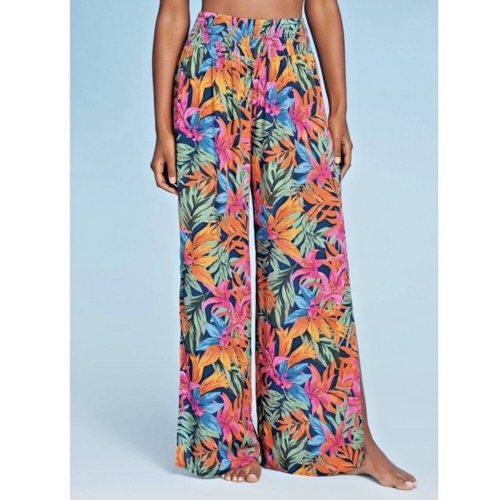 Shade & Shore Tropical Floral Wide Leg Pants Smocked Waist Beach Vacation sz M